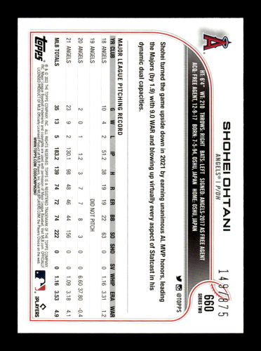 2022 Topps Serie 2 Shohei Ohtani #660 Retail Foilboard/875 - Imagen 2 de 2