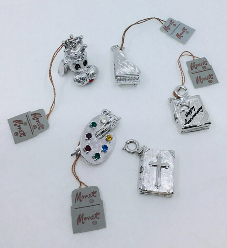 Lot of 5 Vintage Monet Silver Tone Charms- Book, Crown Dog, Color Palette, Piano