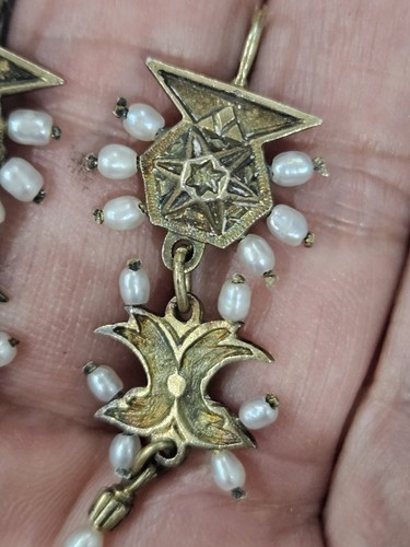 Antique Vtg. Museum Quality Gold Over Sterling Seed Pearl Star Dangle Earrings - Picture 2 of 14