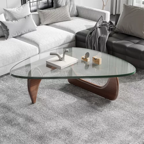 Mid-Century Modern 0.8" Glass Coffee Table Vintage Noguchi Table Solid Wood Base