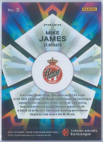2023-24 Panini Prizm Euroleague Basketball Mike James Kaleidoscopic Green #3 - Picture 3 of 3