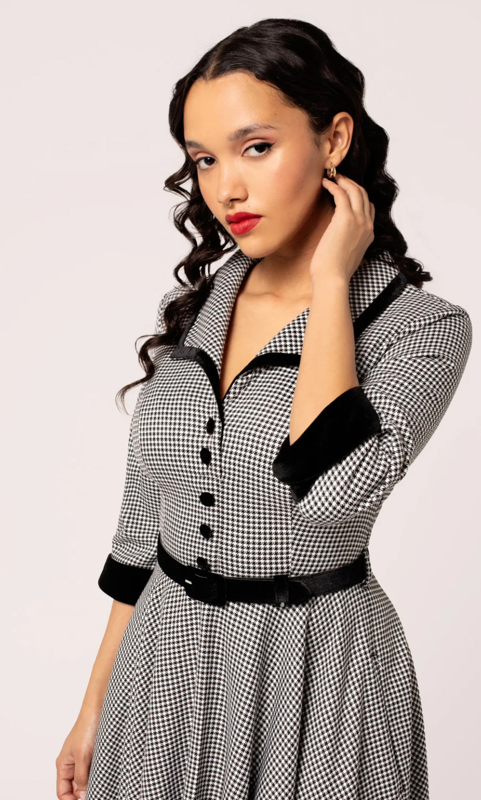 Hell Bunny TEDDY HOUNDTOOTH 50s Vintage 34 Arm V-Neck DRESS Kleid Rockabilly