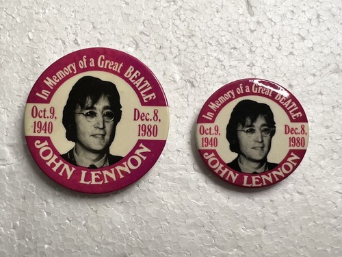 TWO Vintage JOHN LENNON Memorial Buttons Pins Badges 1940-80 Pink And White