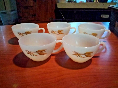 Vintage Fire King Golden Wheat Set of 5 Coffee/Teacups. Milk Glass. 1960's