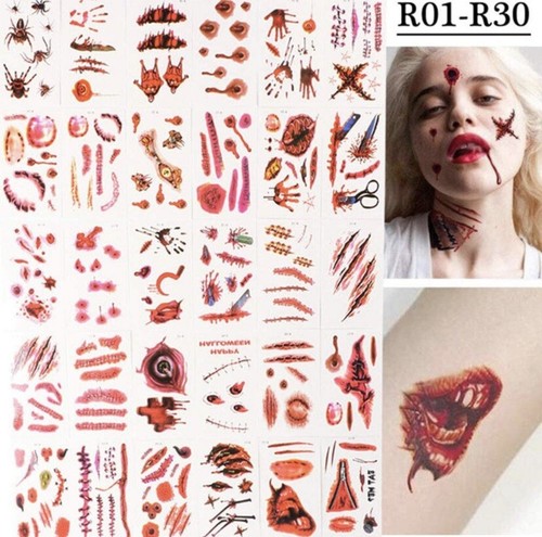 30 PCs Halloween 3D Temporary Tattoo Stickers Stitched Wound Scar Costume Props - Picture 6 of 8