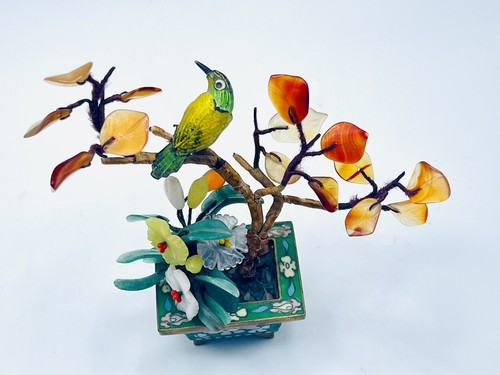VTG Chinese Jade Carnelian Quartz Bonsai Tree Cloisnne Bird Flower Pot - Bild 2 von 11