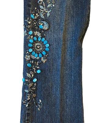 STUNNER VTG CACHE WOMEN'S HAND EMBROIDERED BEADED JEANS WITH STUNNER VTG CACHE WOMEN'S HAND EMBROIDERED BEADED JEANS WITH