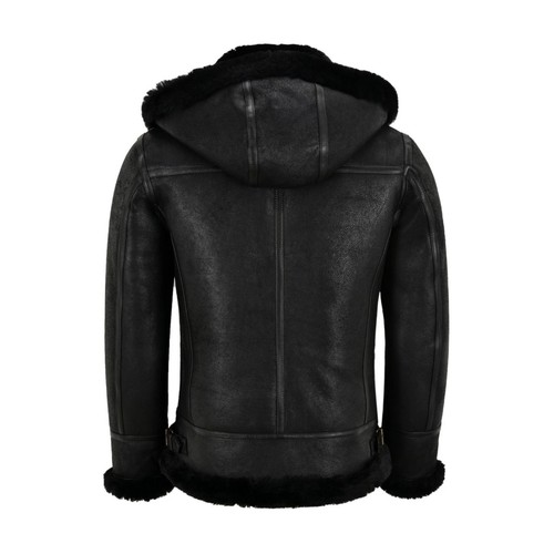 BLACK Men's Classic B3 Real Sheepskin Jacket Hooded Aviator RAF Bomber Flying - Picture 3 of 4