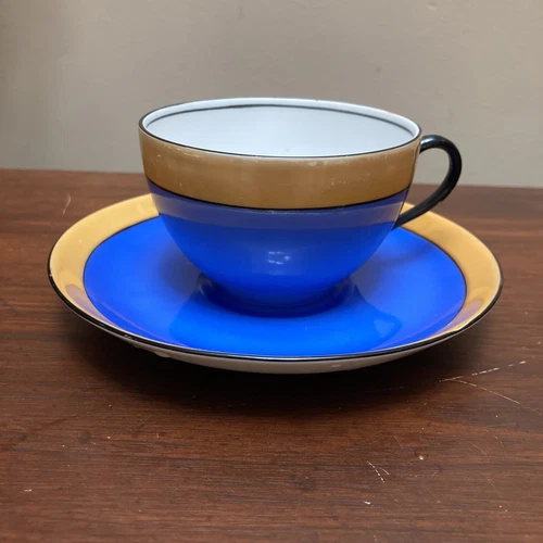 vintage Victoria orange & blue lusterware cup saucer Made In Czechoslovakia