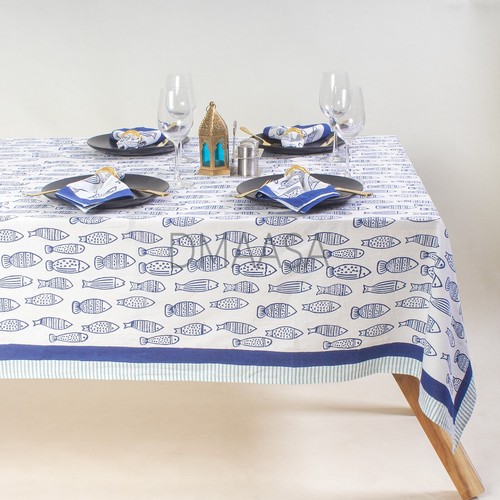 Indigo Blue Fish Print Table Cloth Indian 100% Cotton Dining Table Cover Napkin - Picture 1 of 5