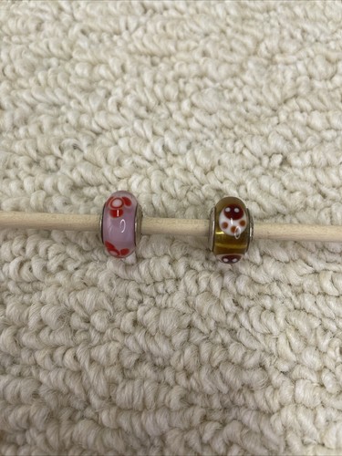 Set 2 - Pandora Charm Murano Glas rosa rote Blumen/roter Marienkäfer echt 925ALE