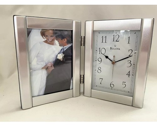 Bulova Clock Picture Frame Combination Hinged Brushed Aluminum 3.5" x 5" B1275 - Picture 4 of 10