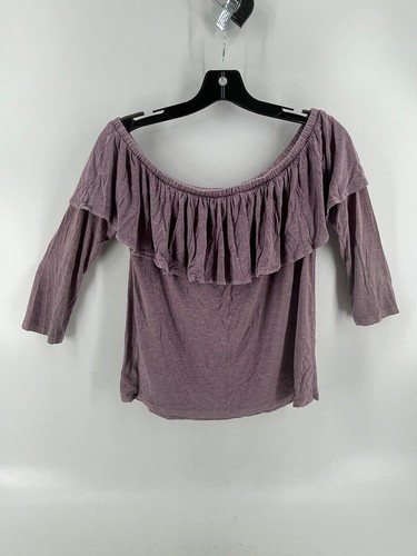 American Eagle Women's Purple Soft T Shirt Top Medium Elastic Ruffle Neckline - Picture 4 of 9