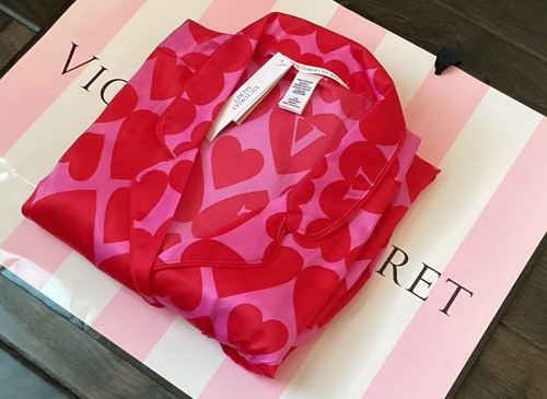 NEU Victoria's Secret Satin langer Pyjama Schlafanzug Set Oberteil & Hose rot rosa Herz L