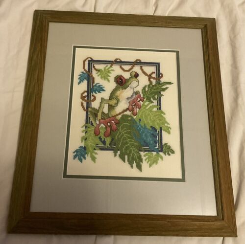 Vintage Kreuzstich Regen Wald Frosch bunt Baum Frosch gerahmt 16-1/2”H x 14”B - Bild 3 von 12