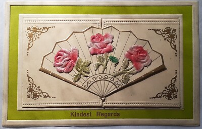Postcard Greetings Kindest Regards embossed roses applique fan fold out