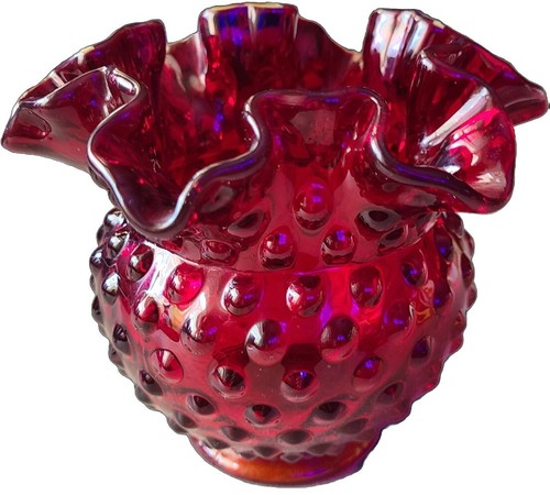 Vintage Fenton Deep Ruby Red Amberina Hobnail Ruffled Rose Bowl Vase  - Picture 2 of 6