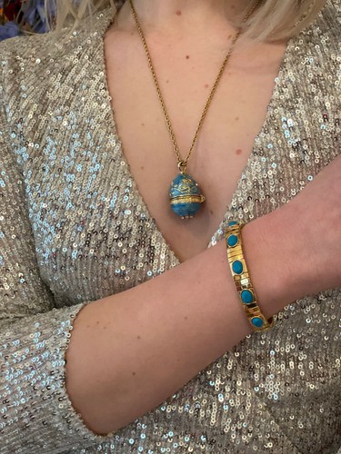 Turquoise Fabergé Easter Egg Faberge Egg Pendant Gold 24k + Bracelet HANDMADE - Picture 9 of 12