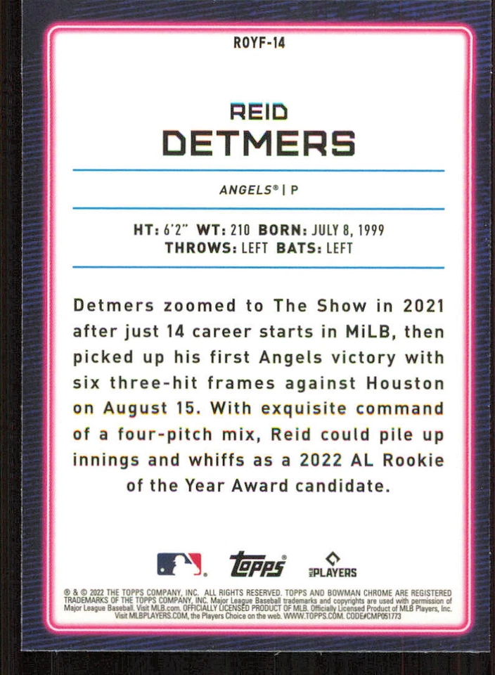 2022 Bowman Chrome Rookie of the Year Favorites #ROYF14 Reid Detmers - Image 2 of 2