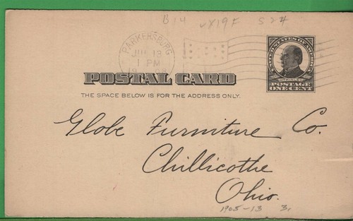 Vintage McKinley Postal Card Postard Upholstering Co Receipt Parkers WV 1910 - Picture 1 of 3