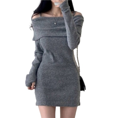 Fashionable off Shoulder Sweater Dress Long Sleeve off Shoulder Solid Dresses - Picture 11 of 16