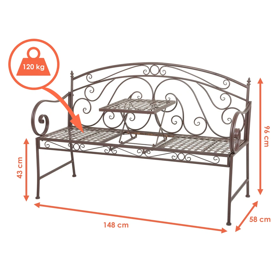 Metall Bank mit ausklappbarem Tisch - 2 / 3 Sitzer - Park Garten Sitz Bank Eisen - Bild 2 von 4