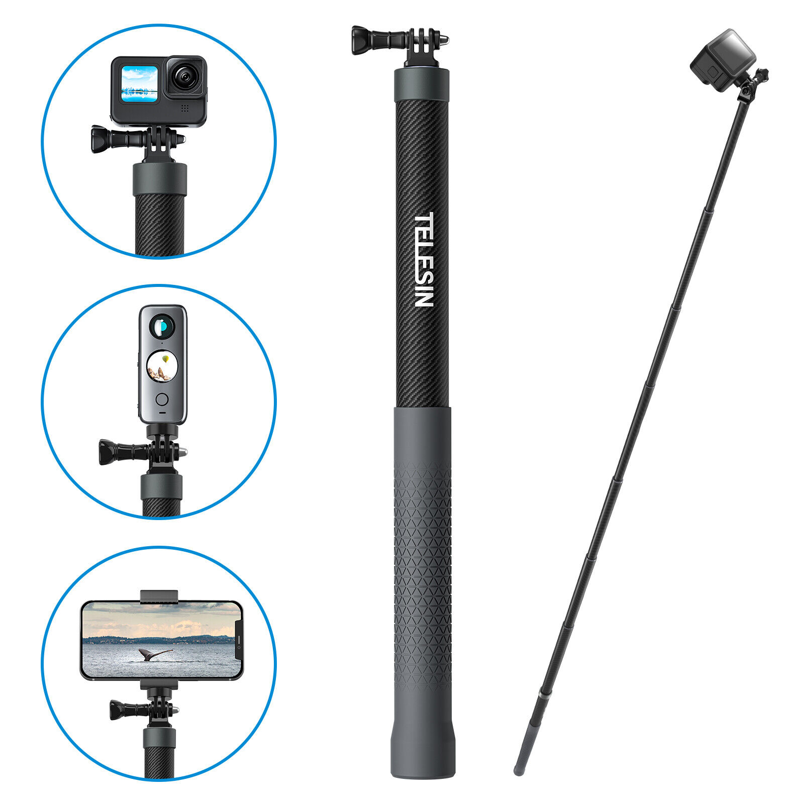 300cm Selfie Stick aus Kohlefaser Teleskop Monopod für Handy GoPro Insta 360 