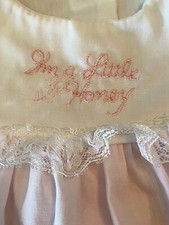 VTG ALEXIS USA BABY GIRL PINK RUFFLE LACE I  M A LITTLE HONEY EMBROIDERY DRESS 6M