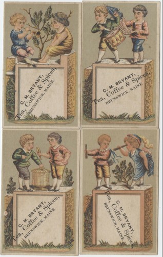 SET/4 BRUNSWICK MAINE*BRYANT*TEA COFFEE SPICES*DRUMMER BOY*BIRDCAGE*TRADE CARDS - Picture 1 of 5