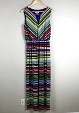Ivy & Blu Dress Womens 12 Green Multicolor Stripe Stretch Maxi V Cutout Blouson