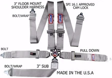 RJS RACING SFI 16.1 CAM LOCK 5 POINT SEAT BELT HARNESS FLOOR MOUNT GRAY 1034907