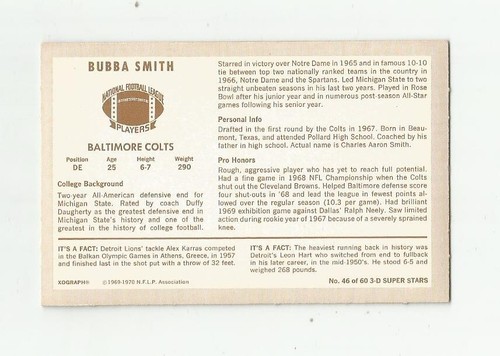 1970 Kellogg's Xograph 3-D Bubba Smith Baltimore Colts Trading Card #55 READ!!! - Picture 2 of 2