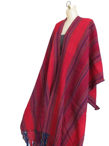 Traditional Mexican Fringed Shawl Red Stripe Handwoven 100% Wool Oaxaca Mexico - Picture 4 of 9