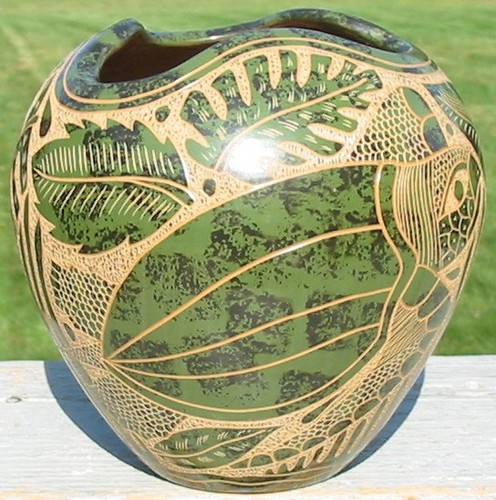 San Juan De Oriente Nicaragua Kunstkeramik Topf grüne Meeresschildkröte Vase signiert Jakob - Bild 3 von 6