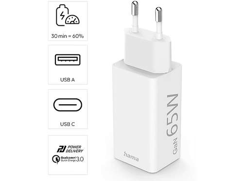 Cargador móvil - Hama GSM Mini, 65W, 220V, Carga rápida, USB-A y USB-C, 2 dispos - Imagen 3 de 6