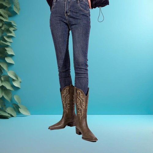 Women's Cowboy Boots, Mid-Calf Chunky Heel Pointed Toe Western 8.5, Borwn - Picture 5 of 5