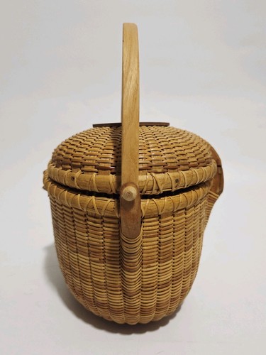 Cartera Nantucket Basket Tejida Ovalada Vintage Firmada DWW Fecha 1993 Tapa y Asa - Imagen 8 de 24