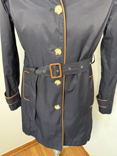 Ralph Lauren Belted Trench Coat Women's Medium Navy Blue Brown Piping Jacket - Picture 3 of 9