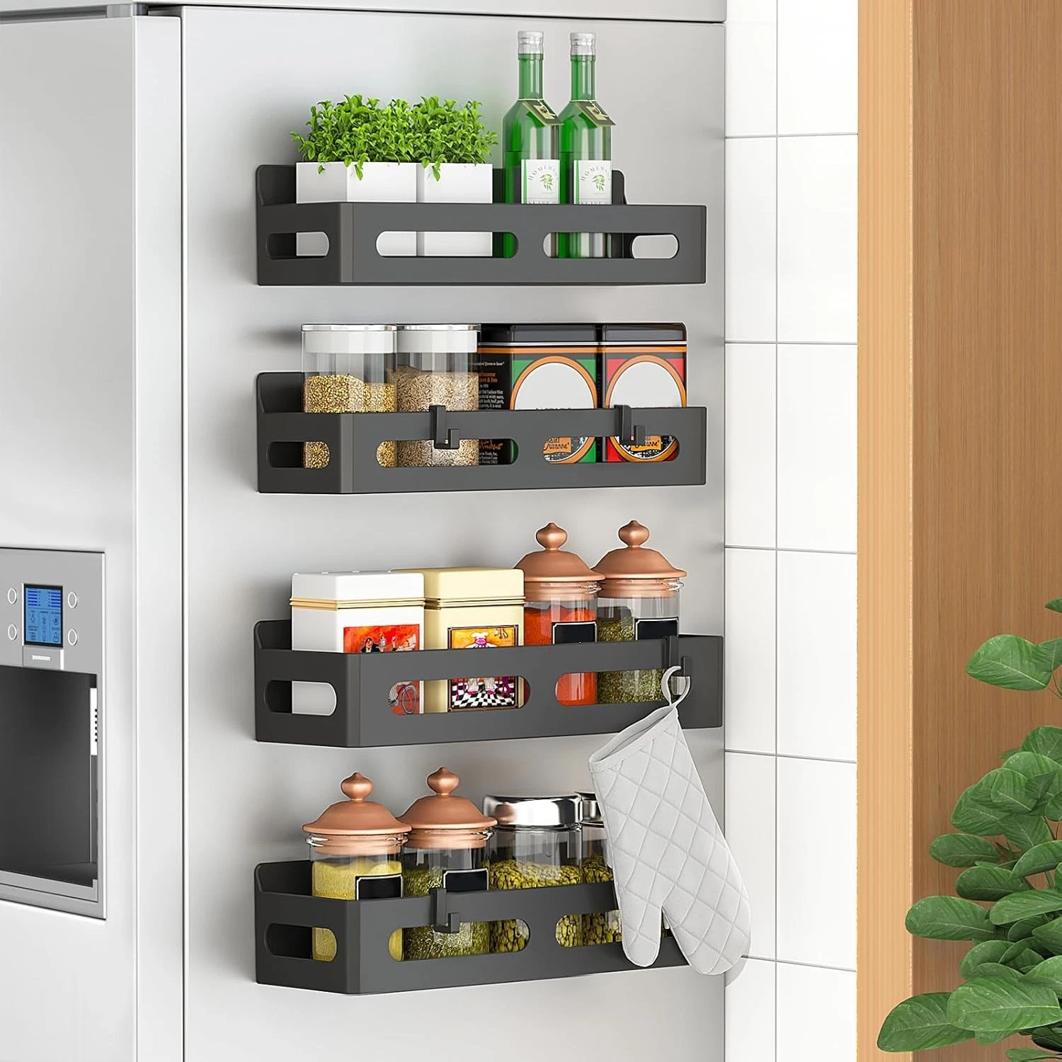 4 Pack Magnetic Spice Rack for Refrigerator, 4 Pack, Black