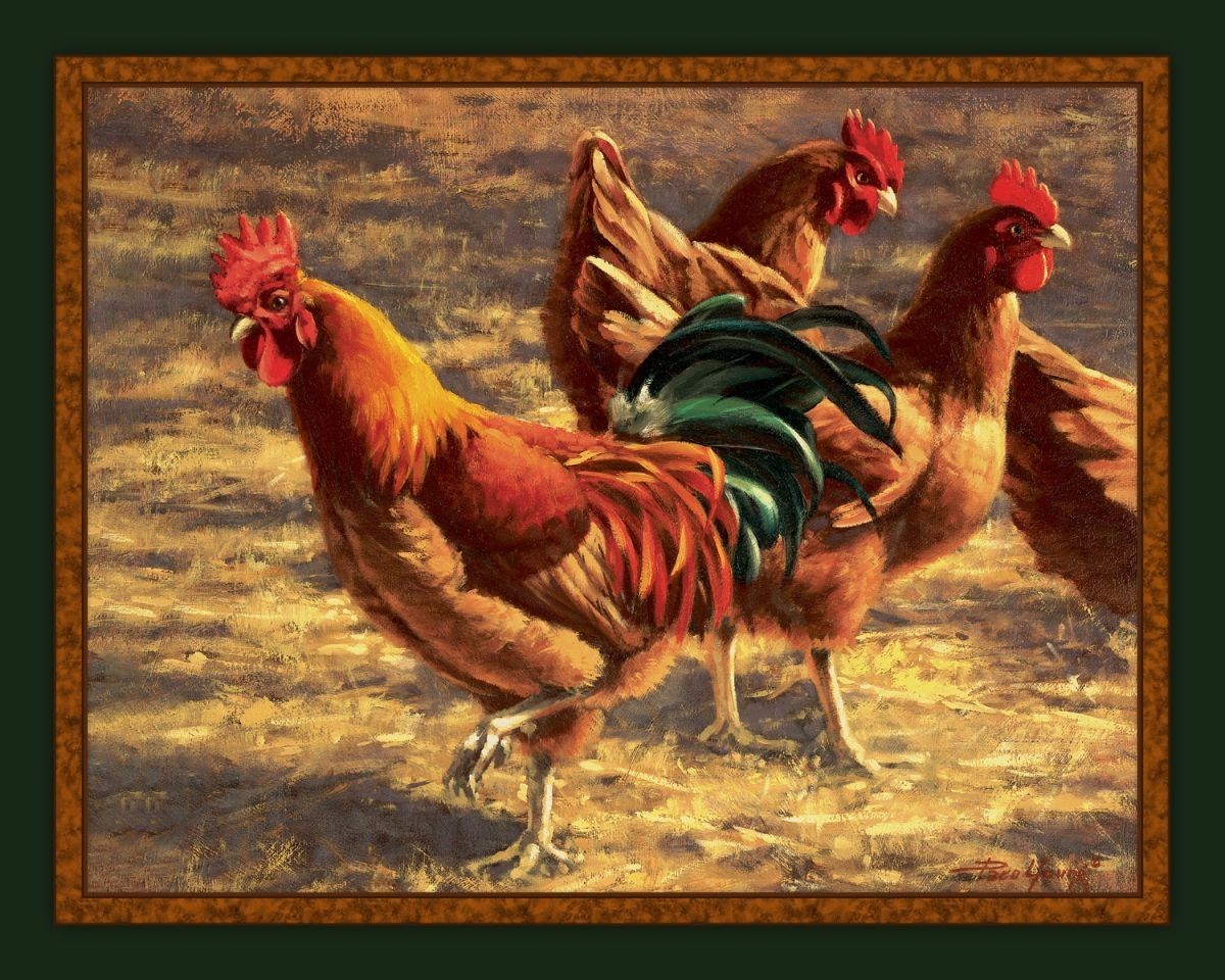 YARD BIRDS Fabric Quilt Panel, Rooster, Chicken, Farm Animals 100% Cotton