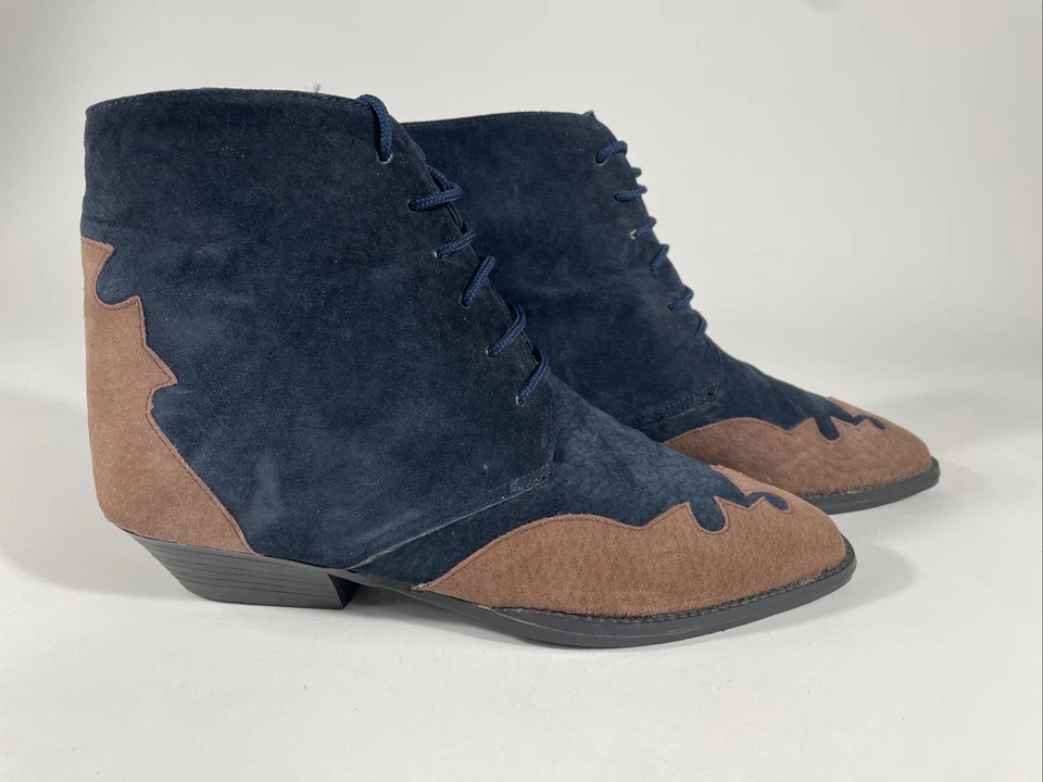 De Colección Newport News Western Botines Azul Marino Tostado Gamuza Con Cordones Punta Punta Punta 6B Foto 3 de 4