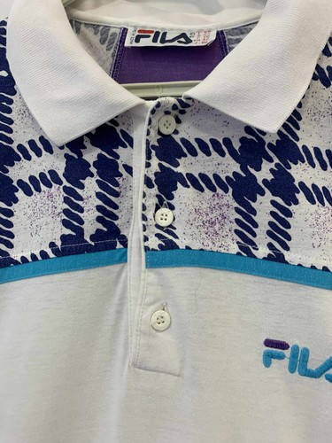 Vintage FILA Made in Italy Polo Shirt Mens XL Graphic Sleeve White Blue #68 - Picture 4 of 9