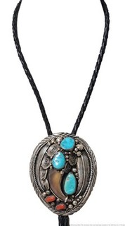 Signed JS Navajo Handmade Solid Silver Turquoise Coral Native American Bolo Tie