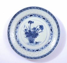 1900's Chinese Blue & White Rice Eye Porcelain Plate Lotus Flower Marked