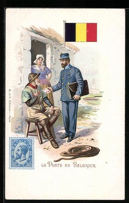 Lithographie La Poste en Belgique, Postbote überreicht einen Brief 