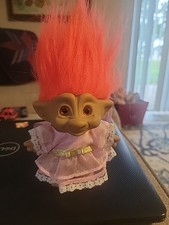 Ace Novelty Treasure Troll Doll 4" With Orange Hair Orange Eyes. Pink Dress