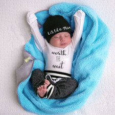 Newborn Baby Boy Long Sleeve Bodysuit Jumpsuit Romper Pants Hat 3PCS Clothes Set