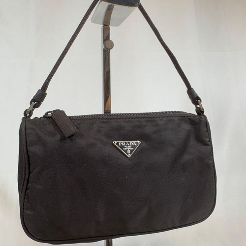 PRADA Accessory Pouch Hand Bag Tote Purse Logo Nylon Dark Brown Authentic - Picture 23 of 24