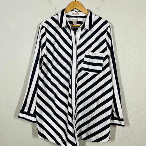 NUOVO! Camicia Chico's No Iron Easy cotone divertente a righe con bottoni casual LS - 4 - Foto 3 di 6