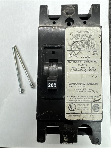 Cutler Hammer CC2200 200 Amp 2 Pole Circuit Breaker CC 240V 200A Lugs & Screws - Picture 1 of 9